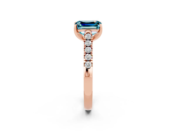 Rose gold Emerald Cut Blue Topaz Pavé Band Solitaire Ring with Prong Setting