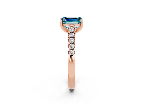 Rose gold {shape_name} Blue Topaz Solitaire Ring with Pavé Band and Four-Prong Setting_2