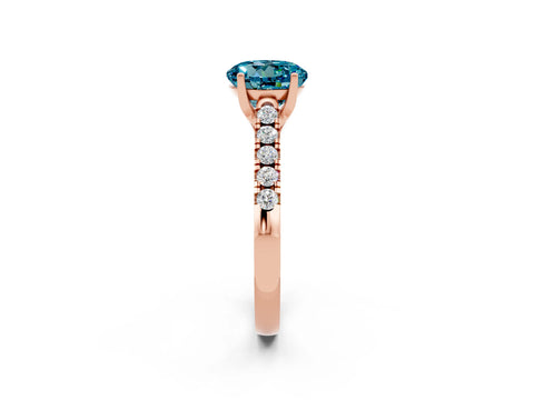 Rose gold {shape_name} Blue Topaz Solitaire Ring with Pavé Band and Four-Prong Setting_2