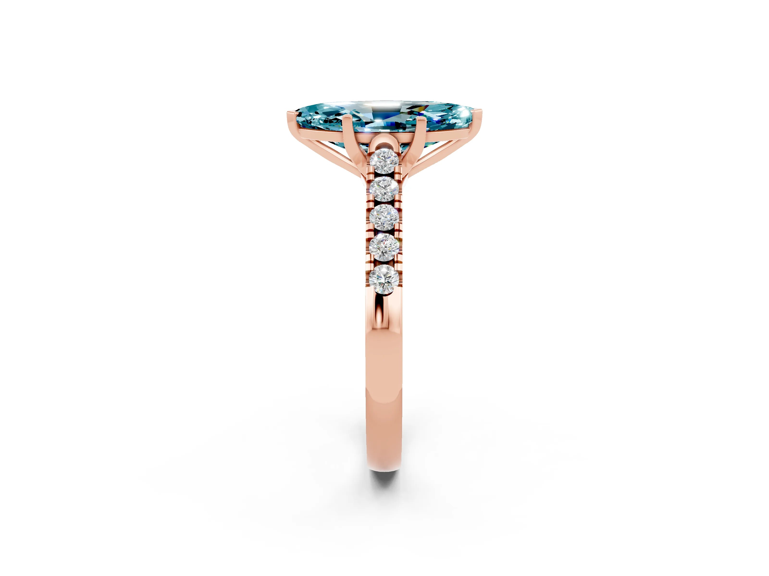 Rose gold {shape_name} Blue Topaz Solitaire Ring with Pavé Band and Four-Prong Setting_2