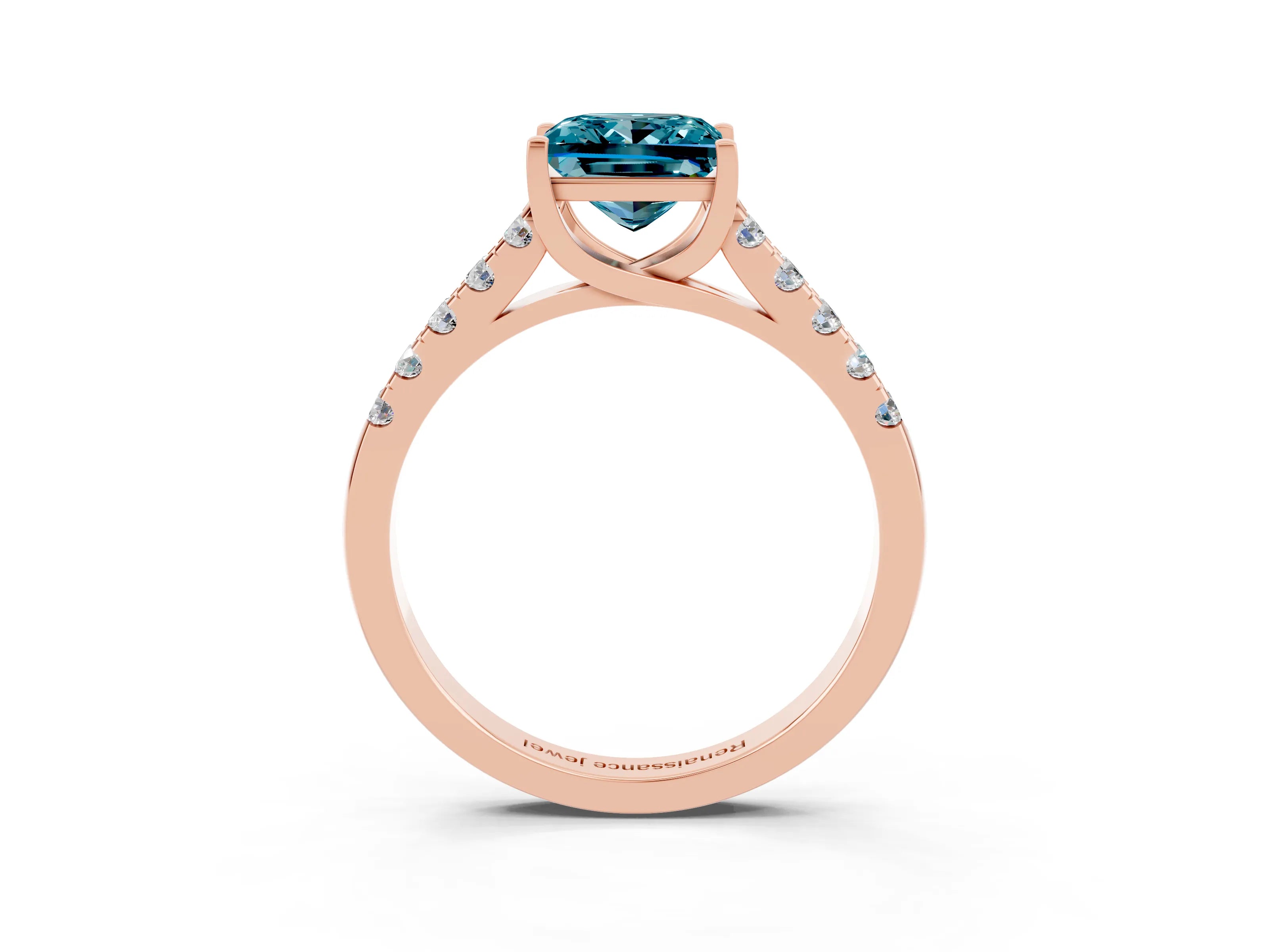 Rose gold {shape_name} Blue Topaz Solitaire Ring with Pavé Band and Four-Prong Setting_3