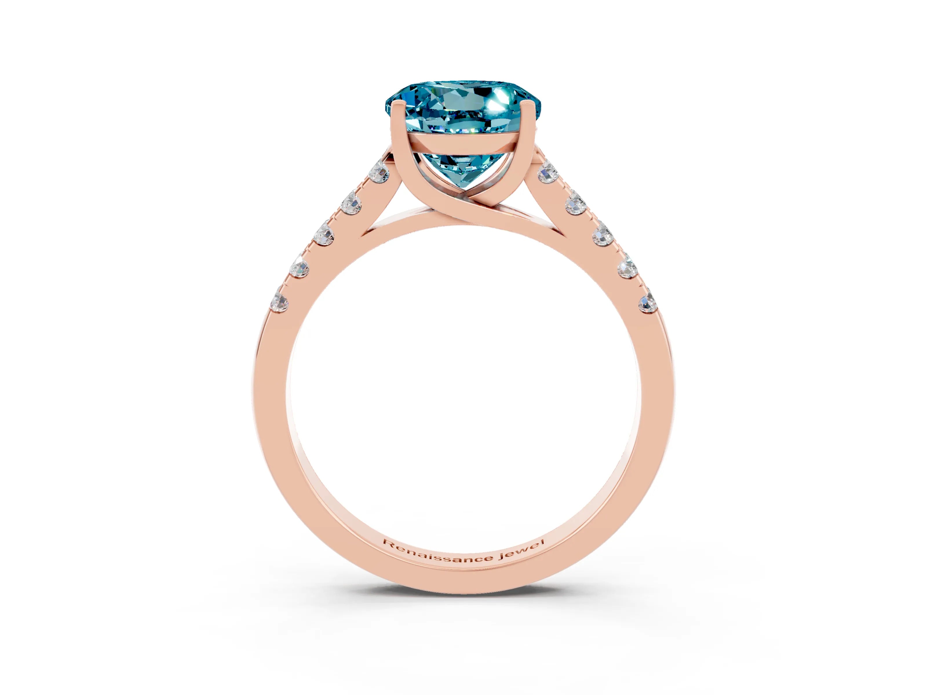 Rose gold {shape_name} Blue Topaz Solitaire Ring with Pavé Band and Four-Prong Setting_3