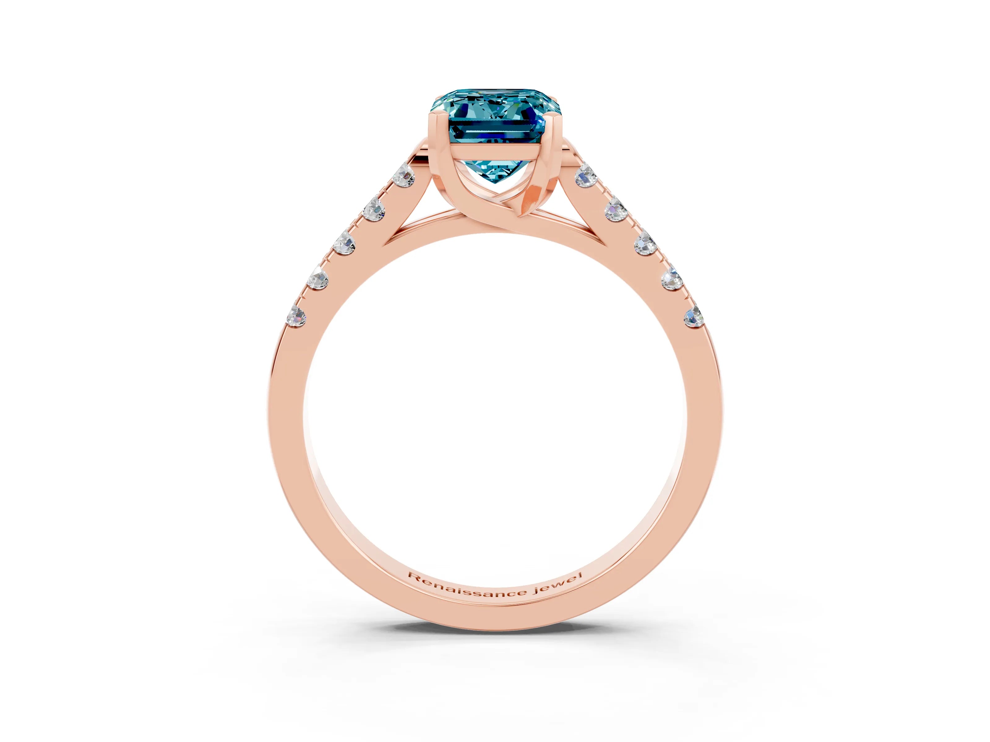 Rose gold {shape_name} Blue Topaz Solitaire Ring with Pavé Band and Four-Prong Setting_3