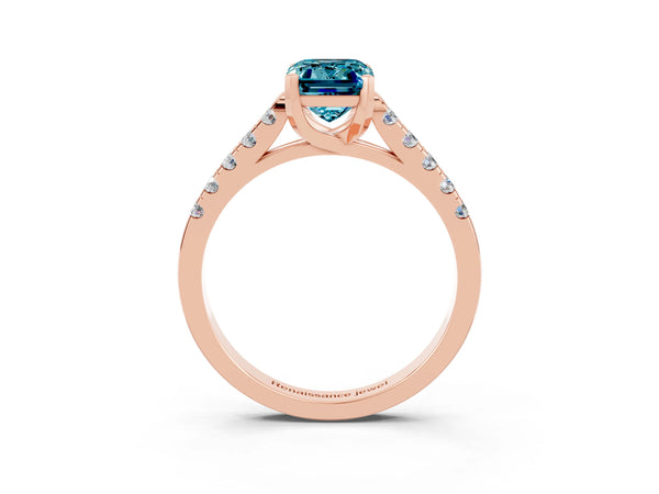 Rose gold Emerald Cut Blue Topaz Pavé Band Solitaire Ring with Prong Setting