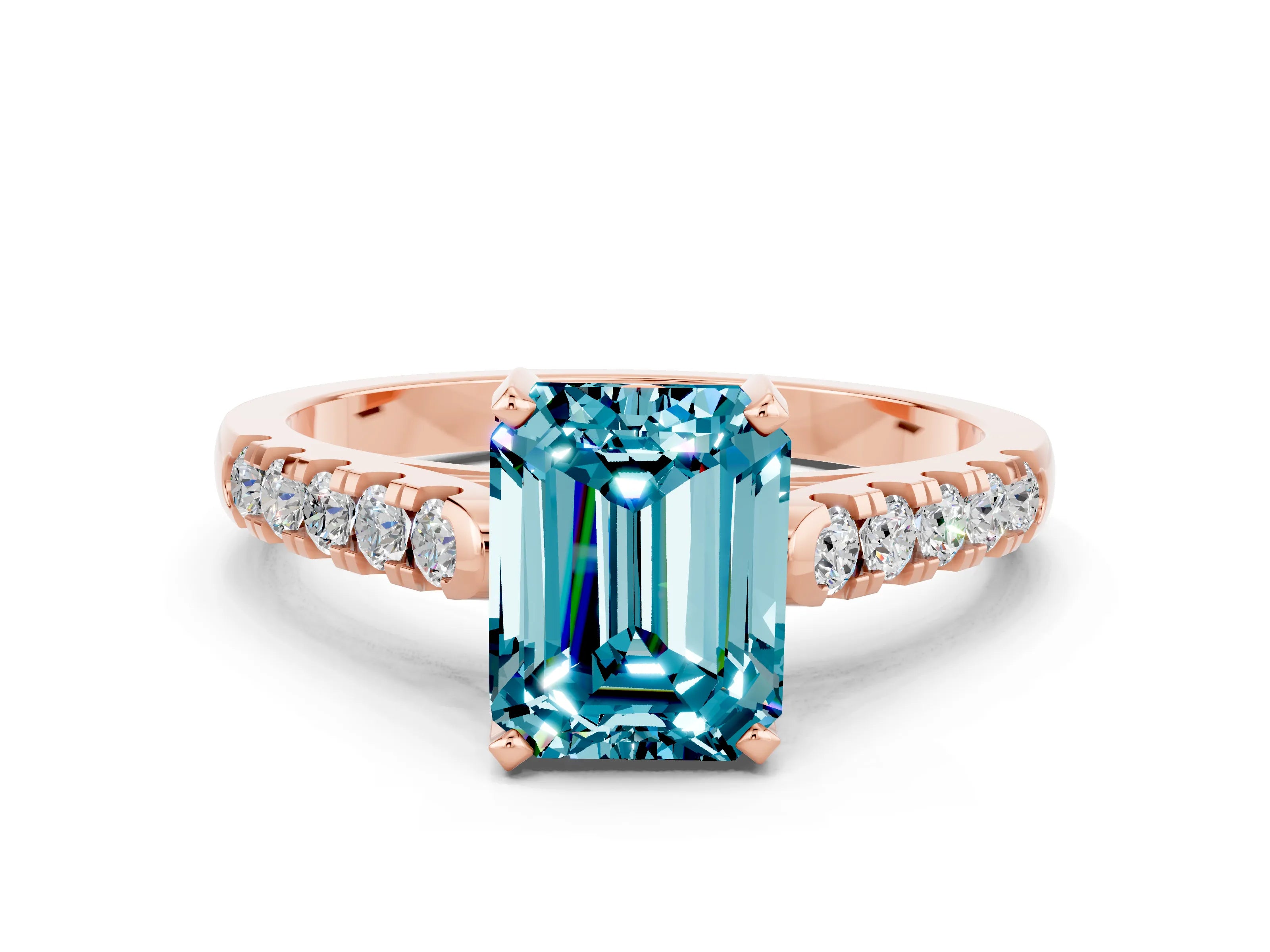 Rose gold {shape_name} Blue Topaz Solitaire Ring with Pavé Band and Four-Prong Setting