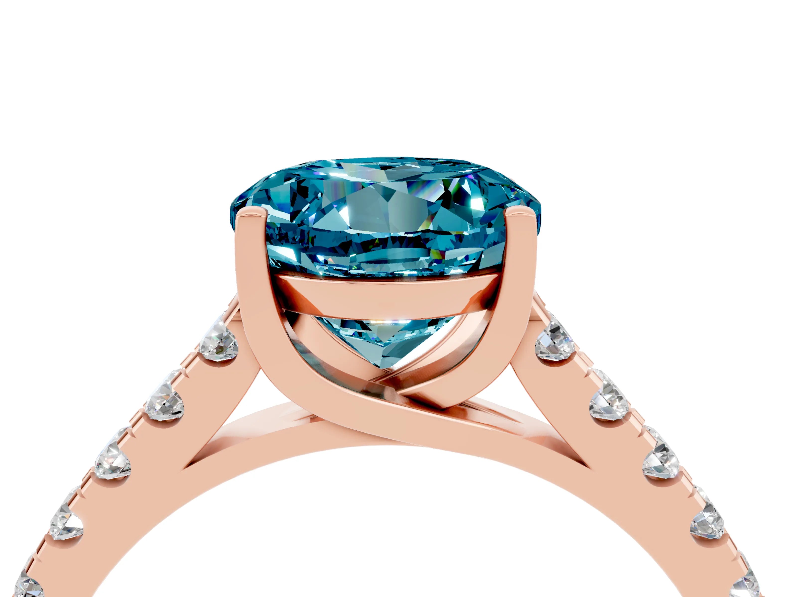 Rose gold {shape_name} Blue Topaz Solitaire Ring with Pavé Band and Four-Prong Setting_4