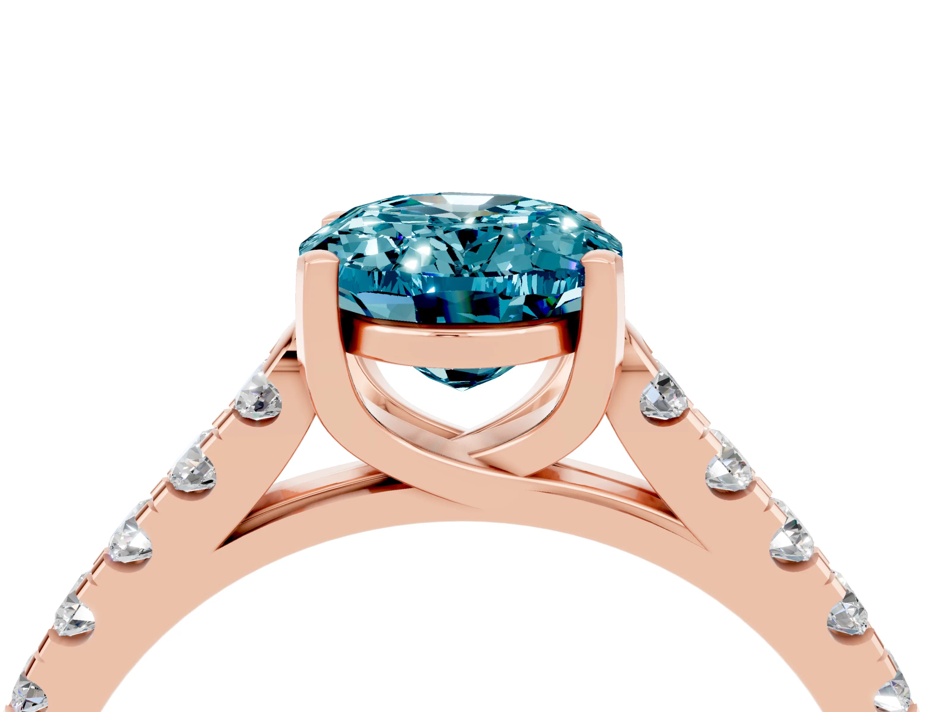 Rose gold {shape_name} Blue Topaz Solitaire Ring with Pavé Band and Four-Prong Setting_4