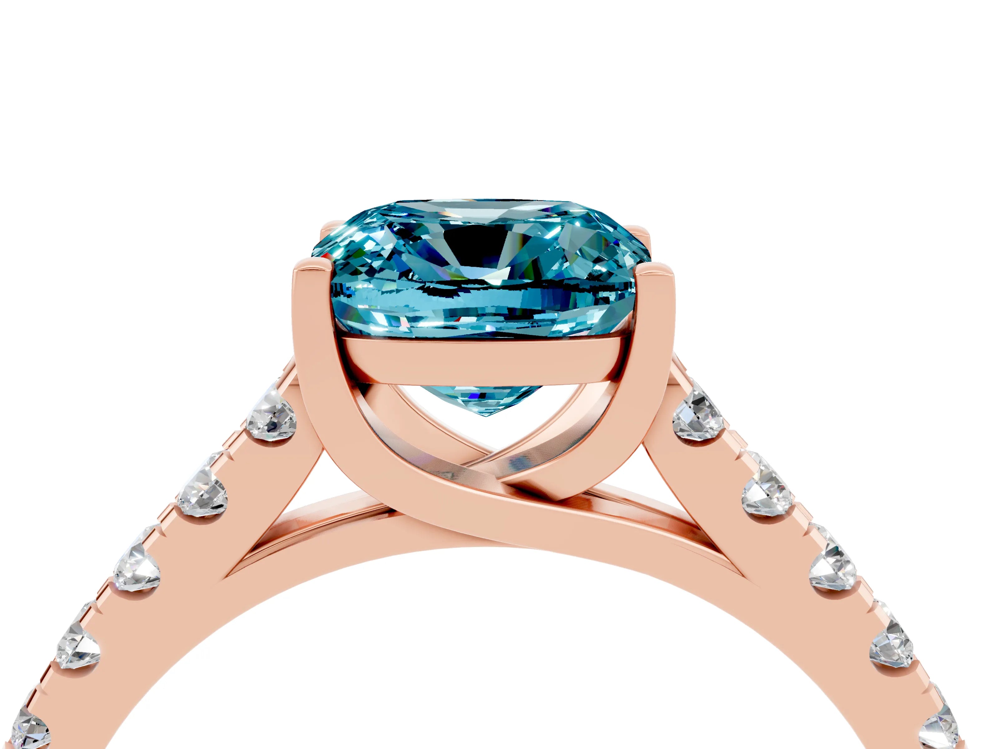 Rose gold {shape_name} Blue Topaz Solitaire Ring with Pavé Band and Four-Prong Setting_4
