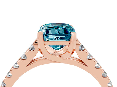 Rose gold {shape_name} Blue Topaz Solitaire Ring with Pavé Band and Four-Prong Setting_4