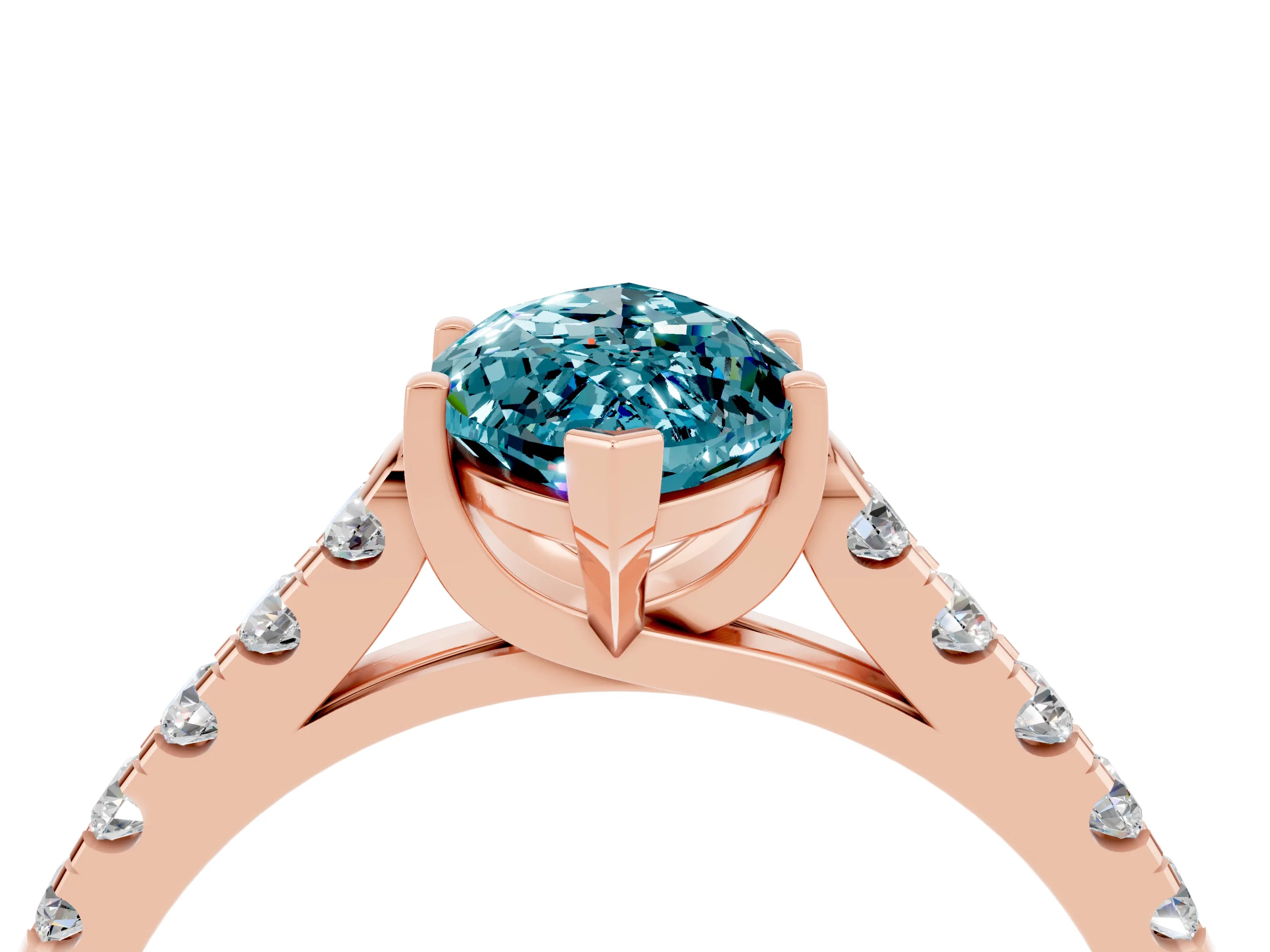 Rose gold {shape_name} Blue Topaz Solitaire Ring with Pavé Band and Four-Prong Setting_4