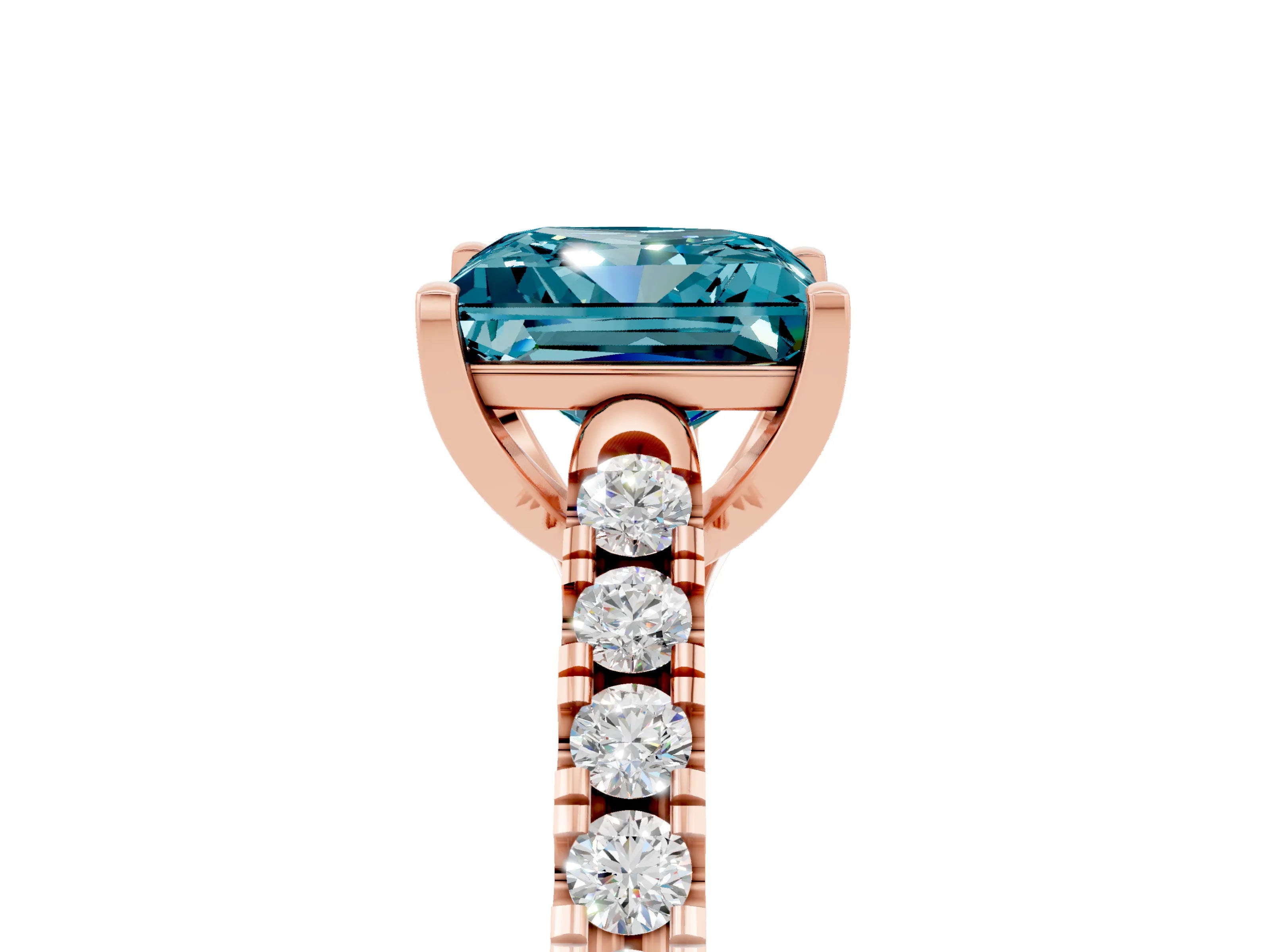 Rose gold {shape_name} Blue Topaz Solitaire Ring with Pavé Band and Four-Prong Setting_5