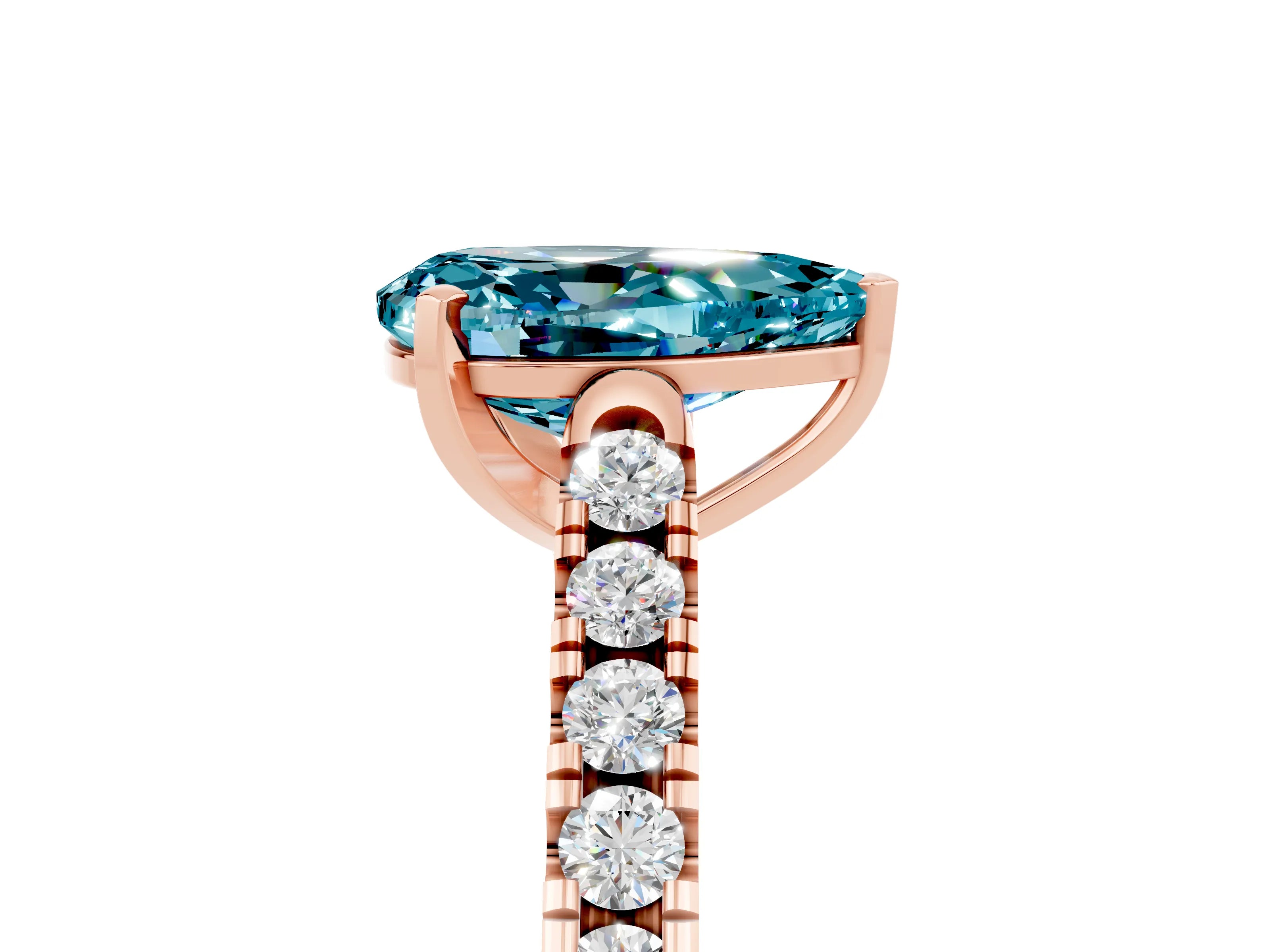 Rose gold {shape_name} Blue Topaz Solitaire Ring with Pavé Band and Four-Prong Setting_5