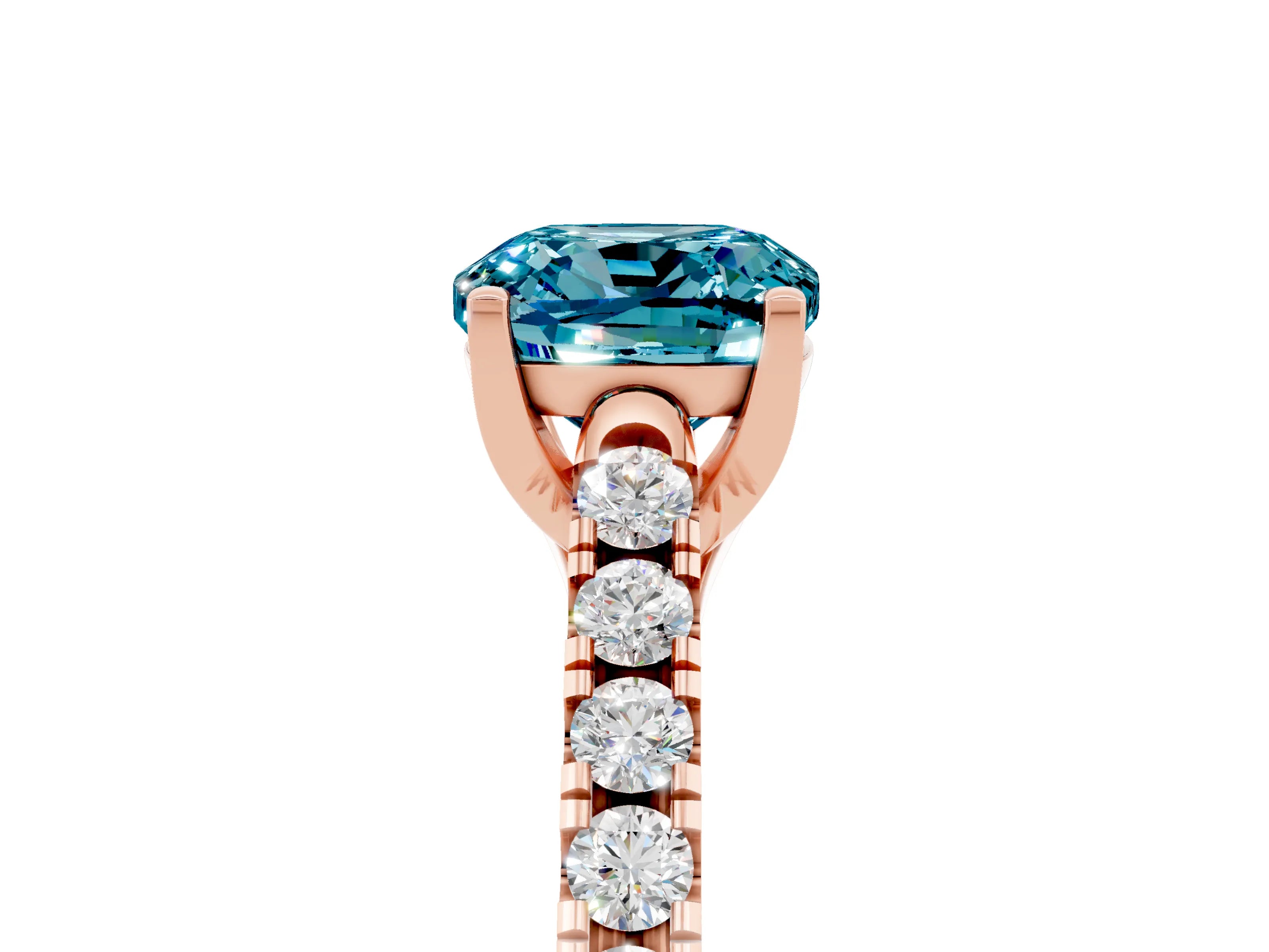 Rose gold {shape_name} Blue Topaz Solitaire Ring with Pavé Band and Four-Prong Setting_5
