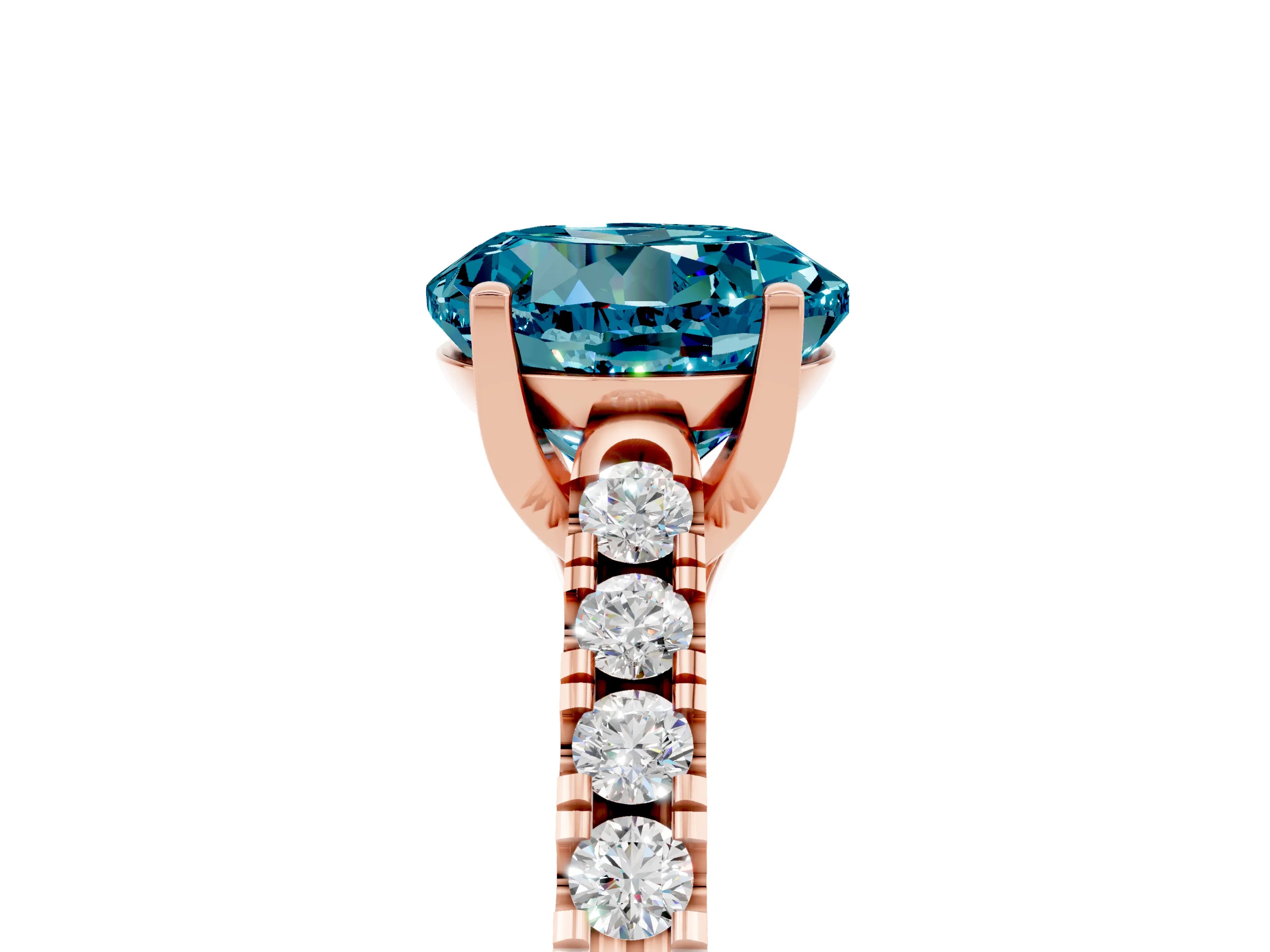 Rose gold {shape_name} Blue Topaz Solitaire Ring with Pavé Band and Four-Prong Setting_5