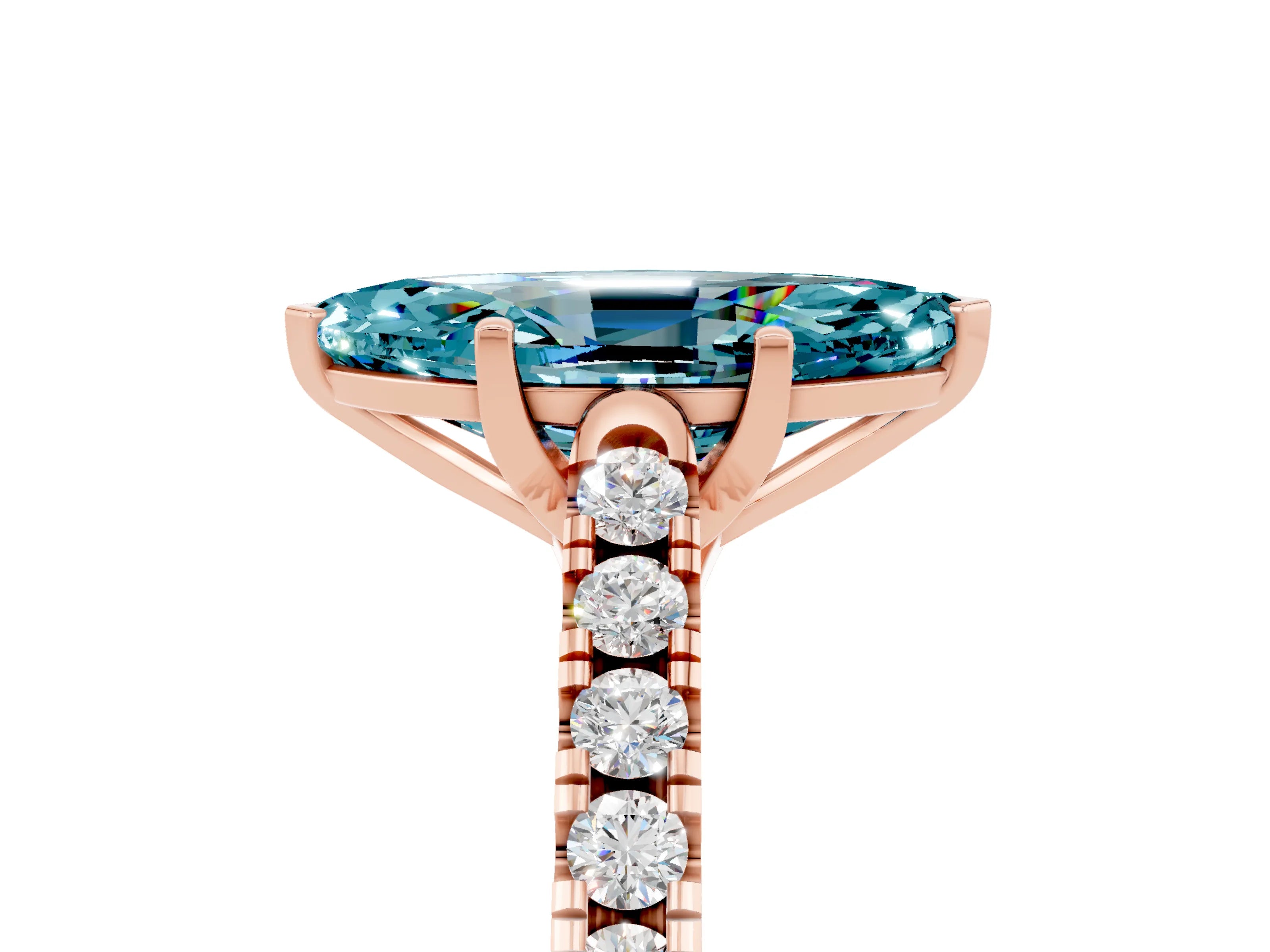 Rose gold {shape_name} Blue Topaz Solitaire Ring with Pavé Band and Four-Prong Setting_5