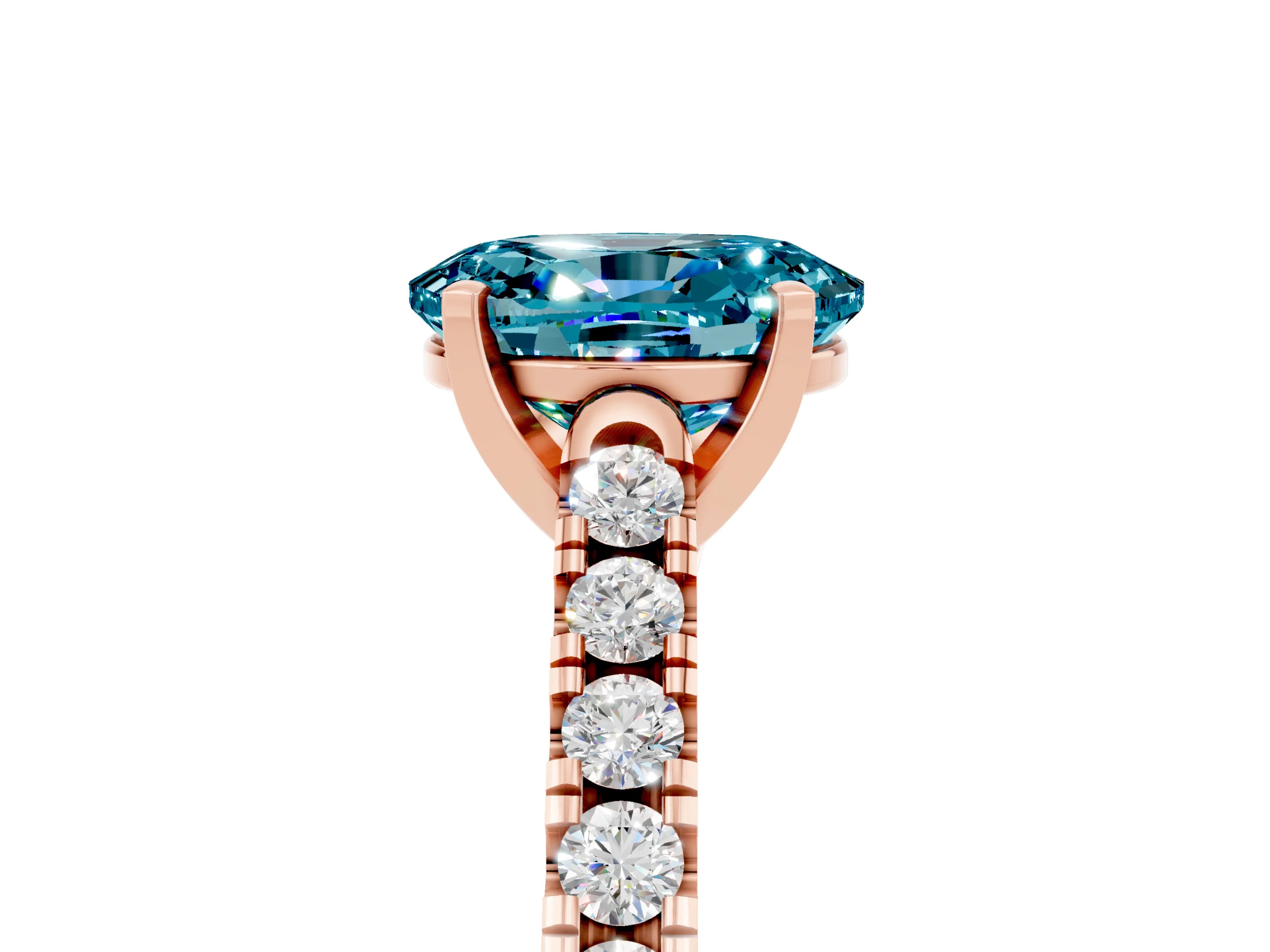Rose gold {shape_name} Blue Topaz Solitaire Ring with Pavé Band and Four-Prong Setting_5