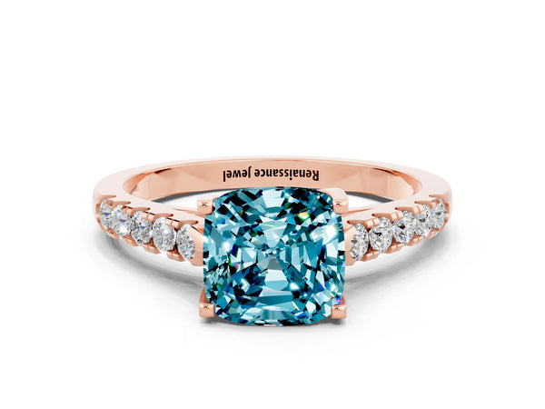Rose gold Cushion Cut Blue Topaz Pavé Band Solitaire Ring with Prong Setting