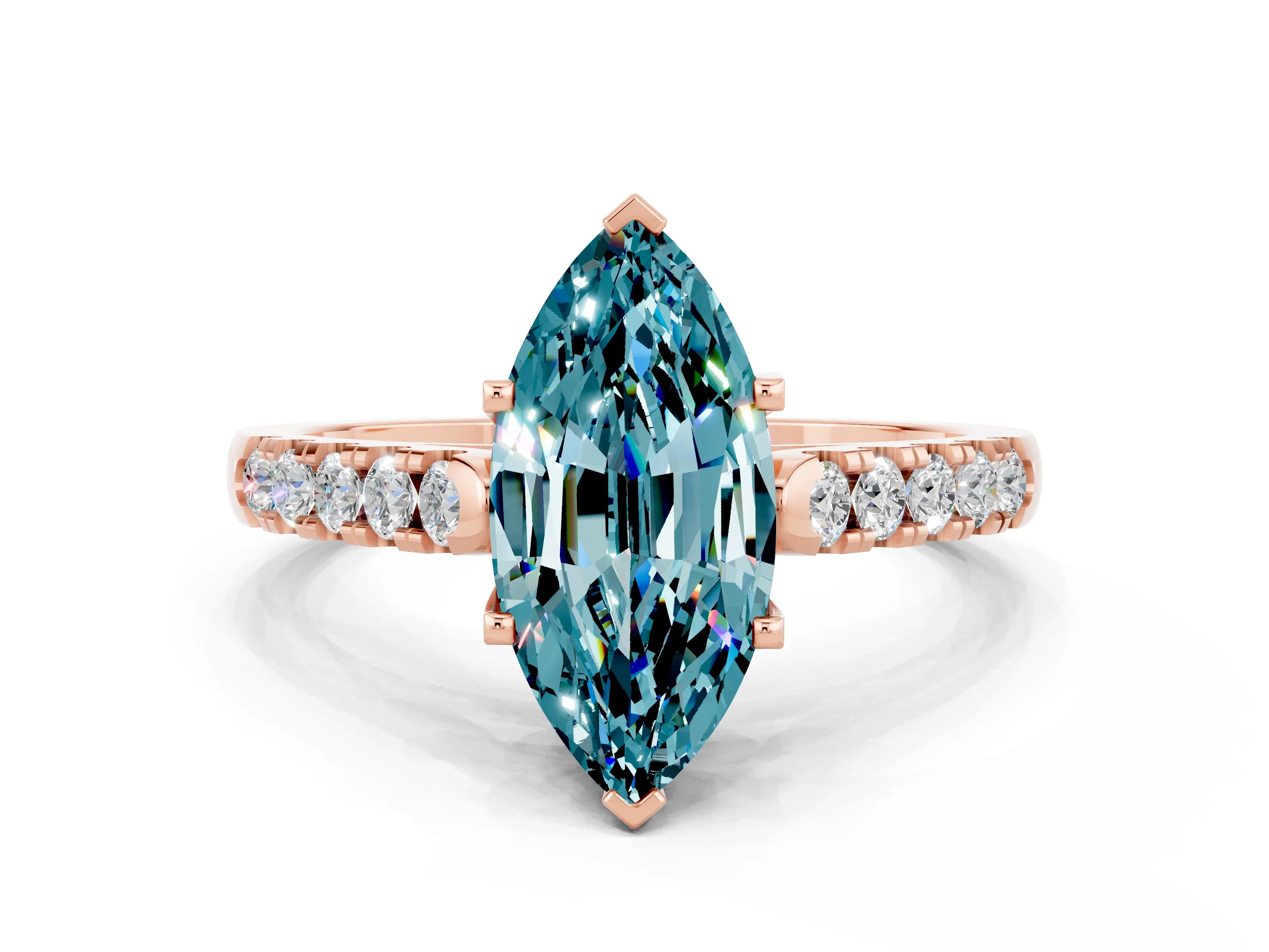 Rose gold {shape_name} Blue Topaz Solitaire Ring with Pavé Band and Four-Prong Setting