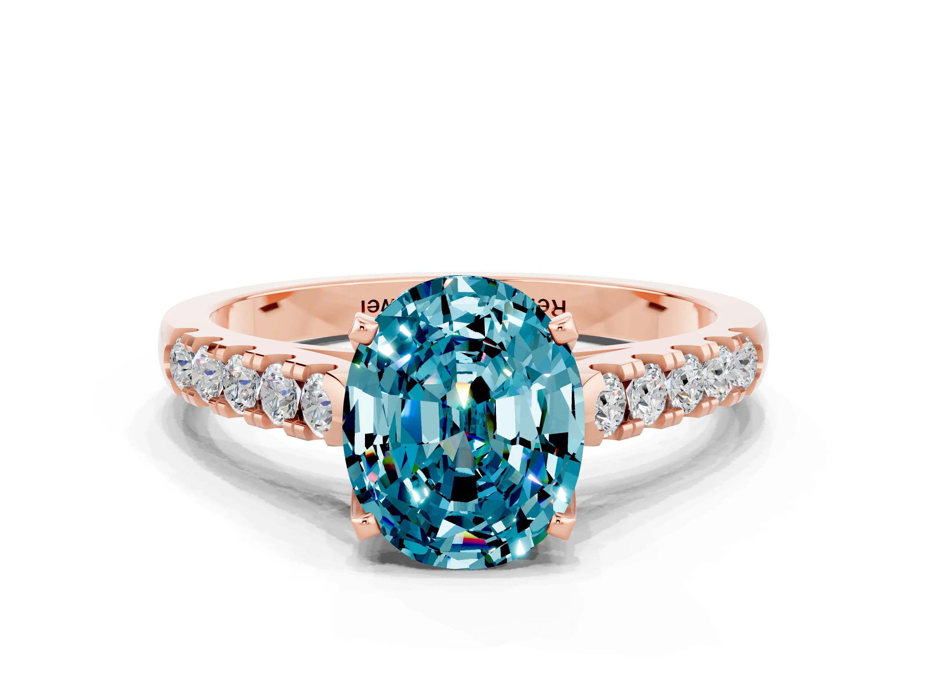 Rose gold {shape_name} Blue Topaz Solitaire Ring with Pavé Band and Four-Prong Setting