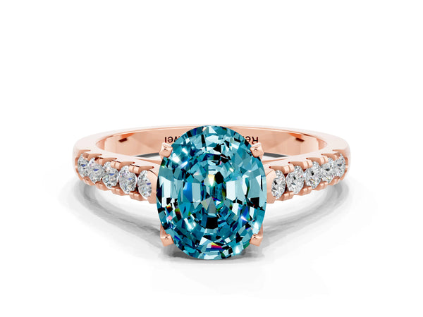 Rose gold Oval Cut Blue Topaz Pavé Band Solitaire Ring with Prong Setting