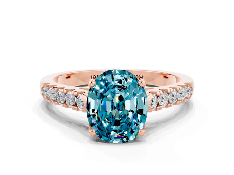Rose gold {shape_name} Blue Topaz Solitaire Ring with Pavé Band and Four-Prong Setting