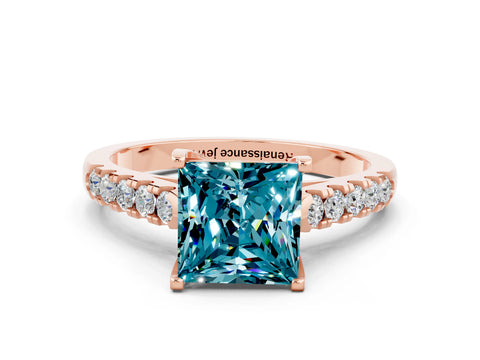 Rose gold {shape_name} Blue Topaz Solitaire Ring with Pavé Band and Four-Prong Setting