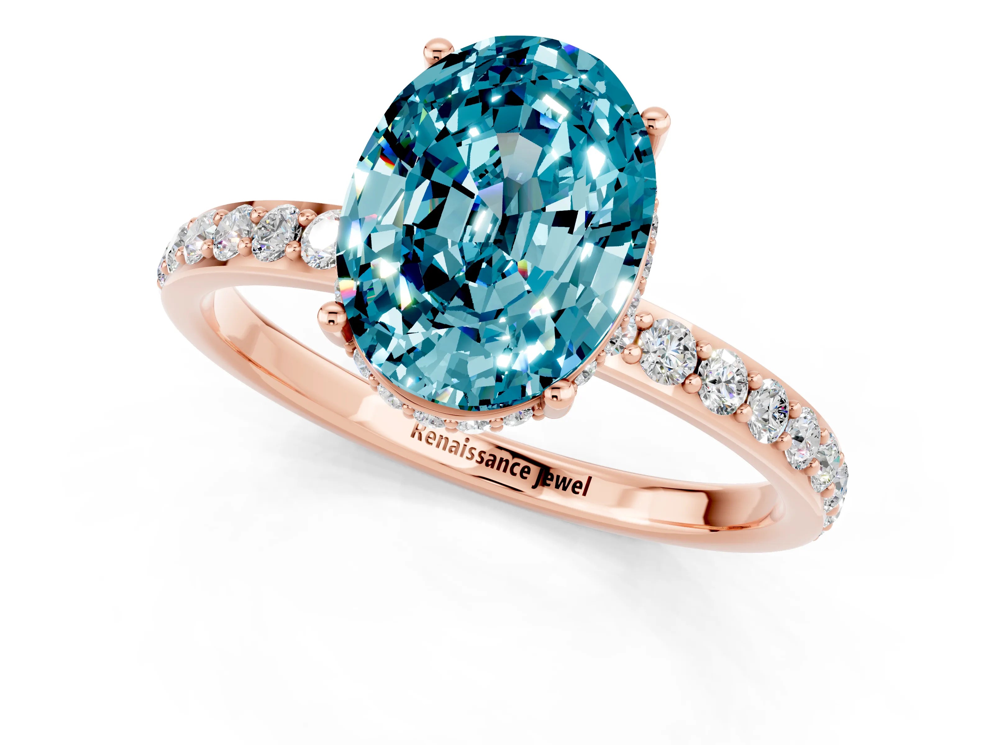 Rose gold {shape_name} Blue Topaz Solitaire Ring with Pavé Band and Hidden Halo_1