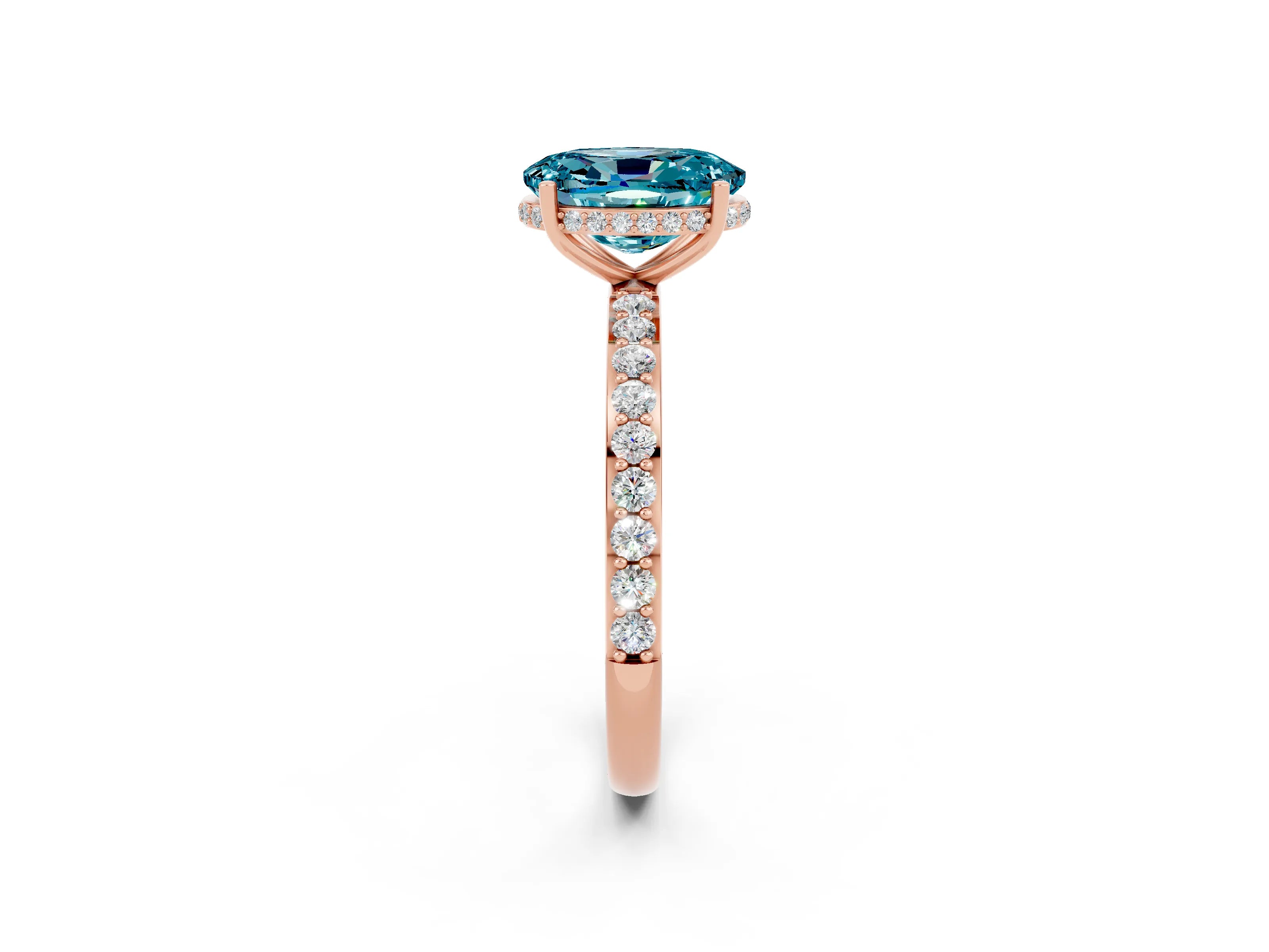 Rose gold {shape_name} Blue Topaz Solitaire Ring with Pavé Band and Hidden Halo_2