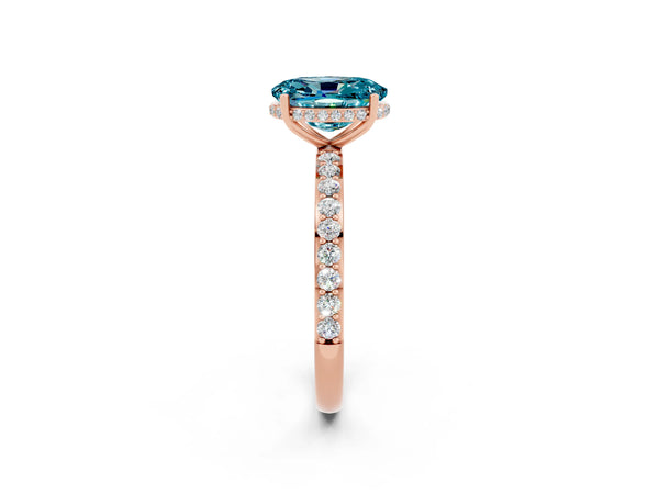 Rose gold Oval Cut Blue Topaz Solitaire Ring with Pavé Band and Hidden Halo