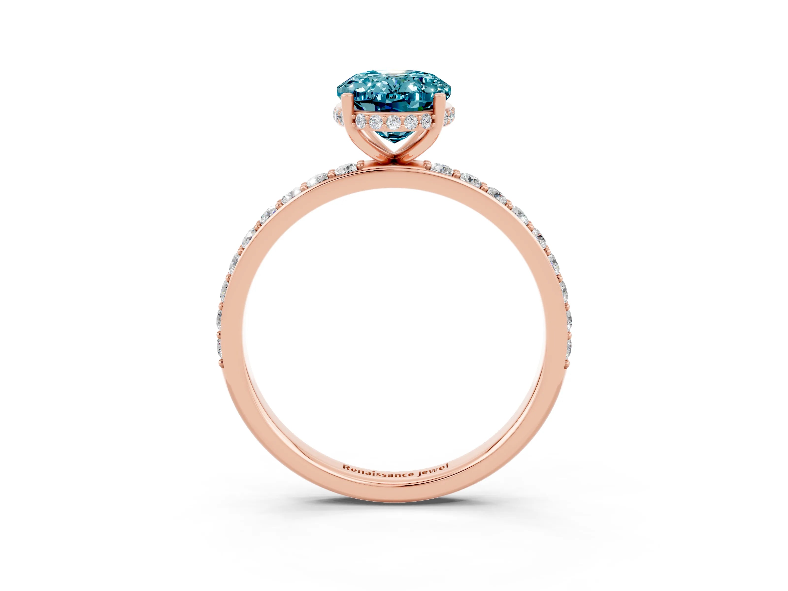Rose gold {shape_name} Blue Topaz Solitaire Ring with Pavé Band and Hidden Halo_3