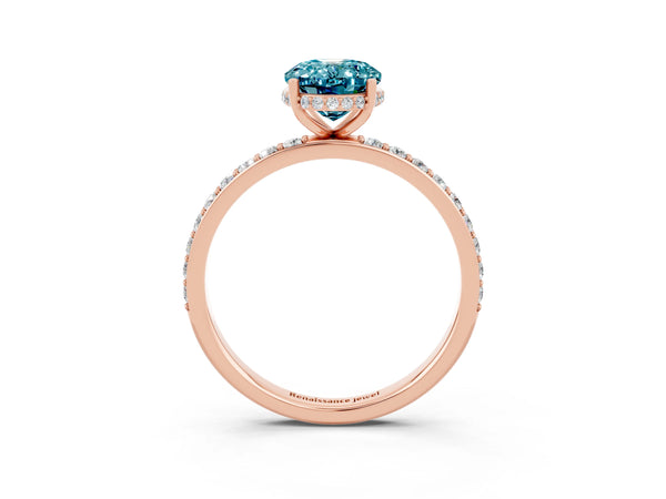 Rose gold Oval Cut Blue Topaz Solitaire Ring with Pavé Band and Hidden Halo