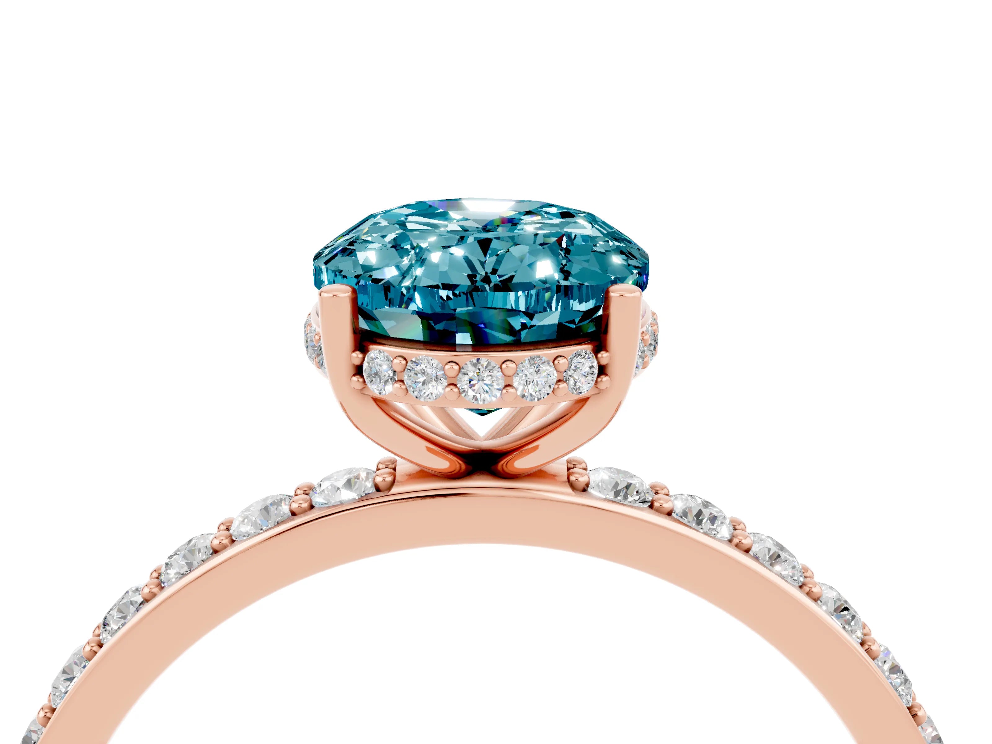 Rose gold {shape_name} Blue Topaz Solitaire Ring with Pavé Band and Hidden Halo_4