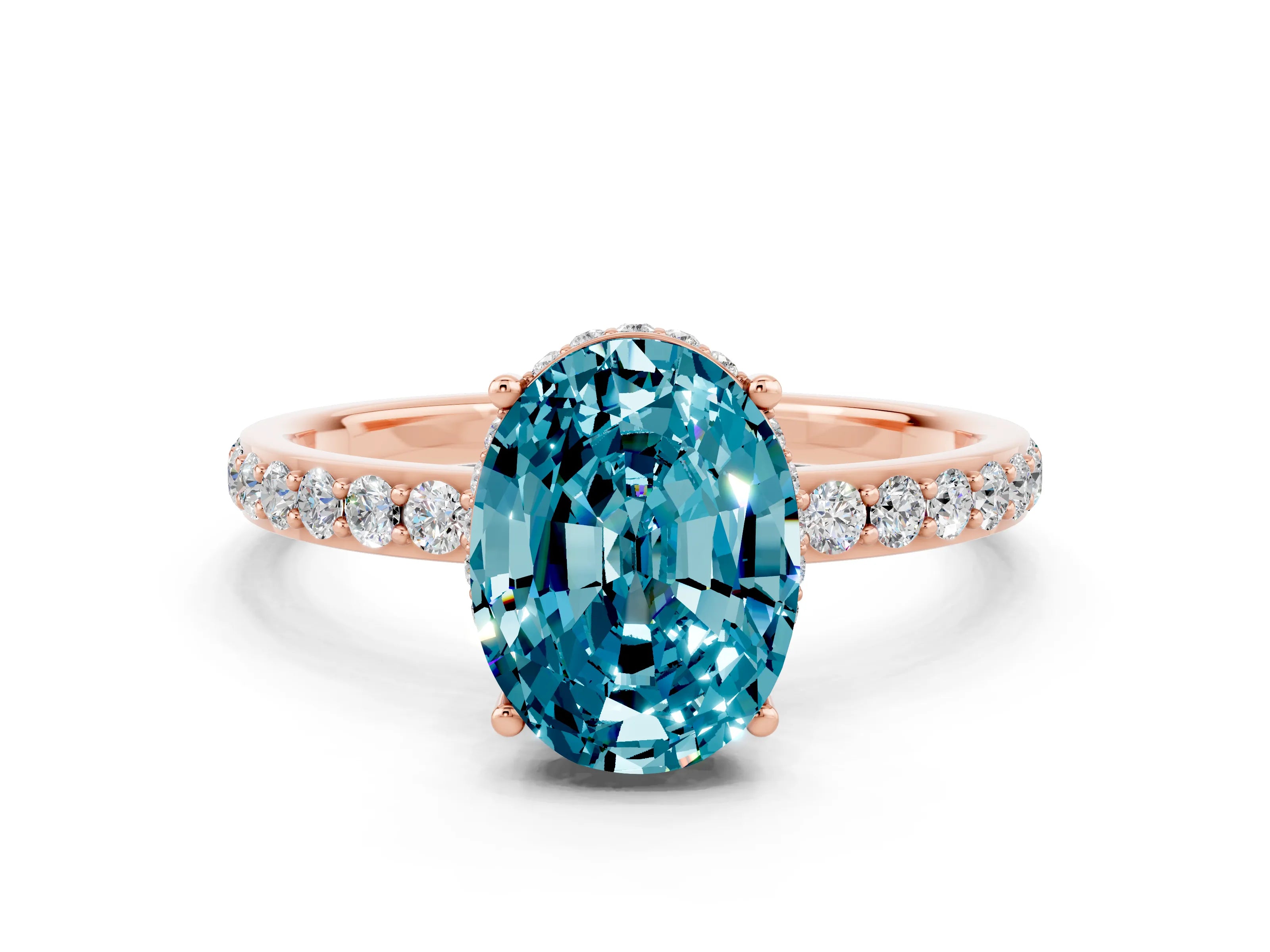 Rose gold {shape_name} Blue Topaz Solitaire Ring with Pavé Band and Hidden Halo