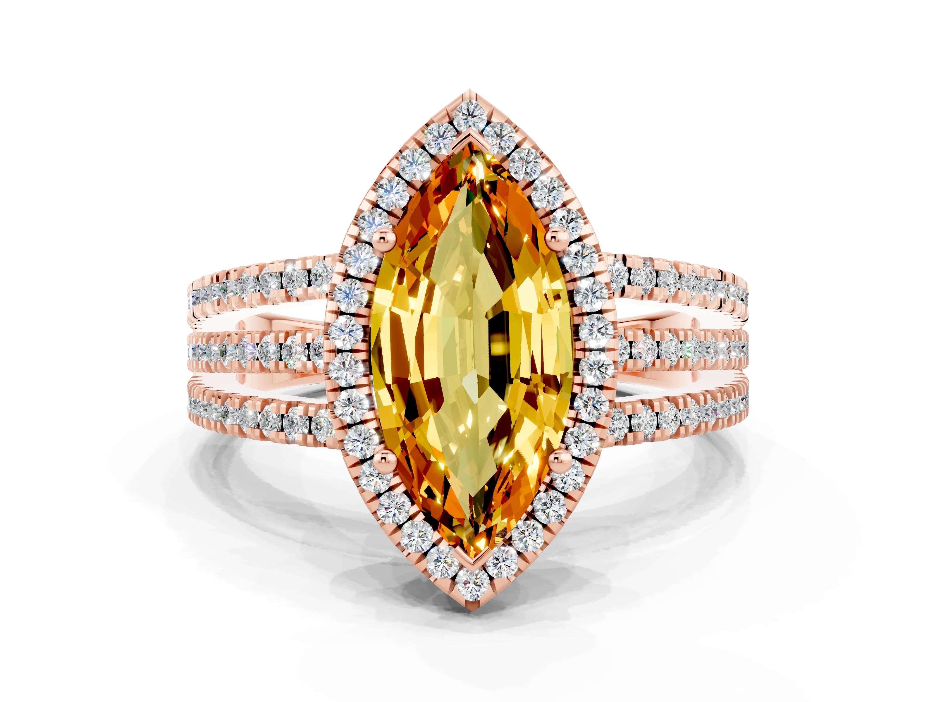 Rose gold {shape_name} Citrine Halo Engagement Ring with Split Shank and Four-Prong Setting