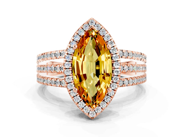 Rose gold Marquise Cut Citrine Halo Engagement Ring with Split Shank and Four-Prong Setting