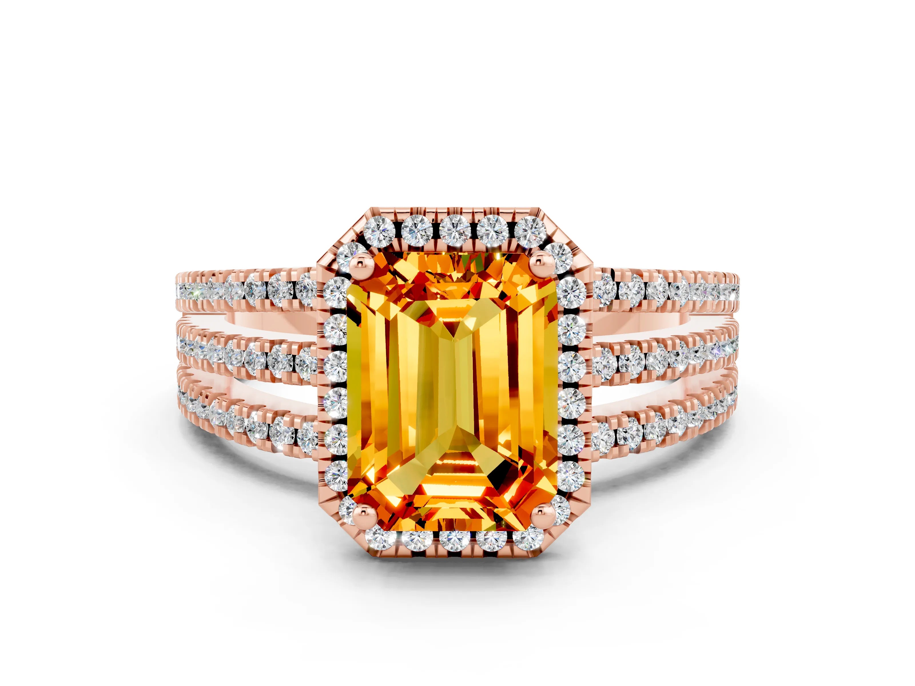 Rose gold {shape_name} Citrine Halo Engagement Ring with Split Shank and Four-Prong Setting