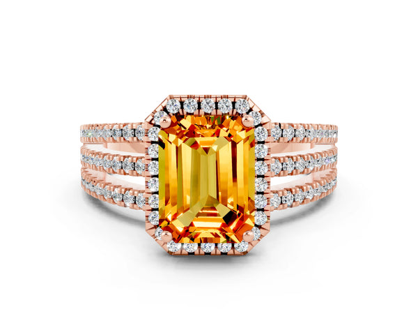 Rose gold Emerald Cut Citrine Halo Engagement Ring with Split Shank and Four-Prong Setting