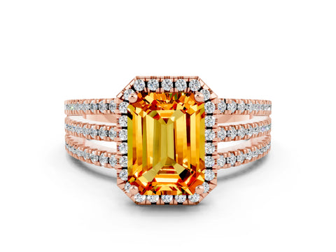 Rose gold {shape_name} Citrine Halo Engagement Ring with Split Shank and Four-Prong Setting