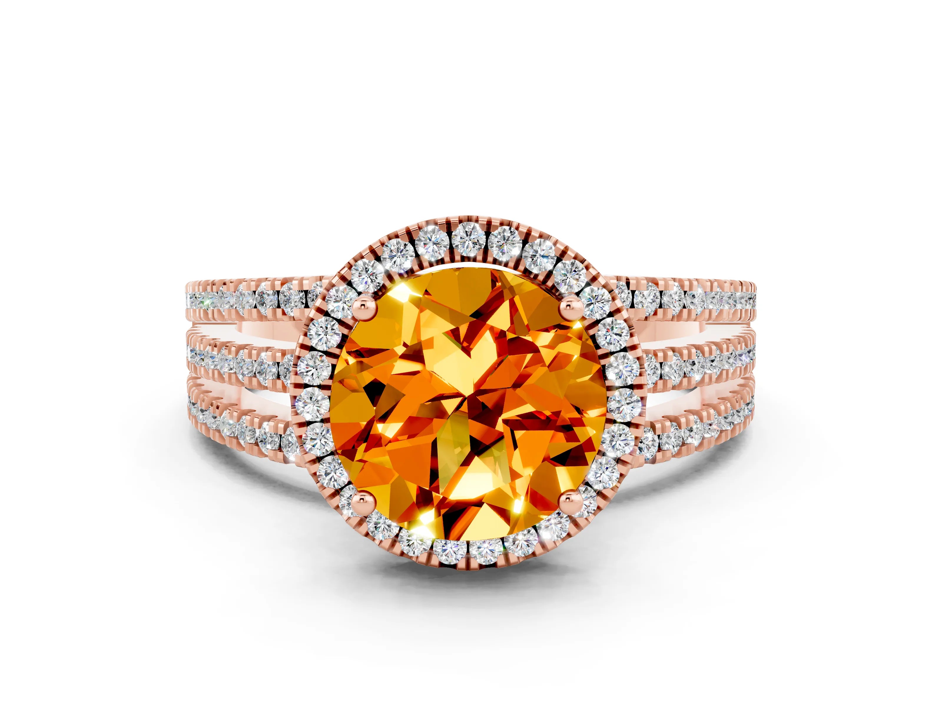 Rose gold {shape_name} Citrine Halo Engagement Ring with Split Shank and Four-Prong Setting