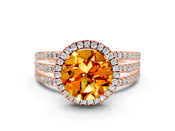 Rose gold Round Cut Citrine Halo Engagement Ring with Split Shank and Four-Prong Setting
