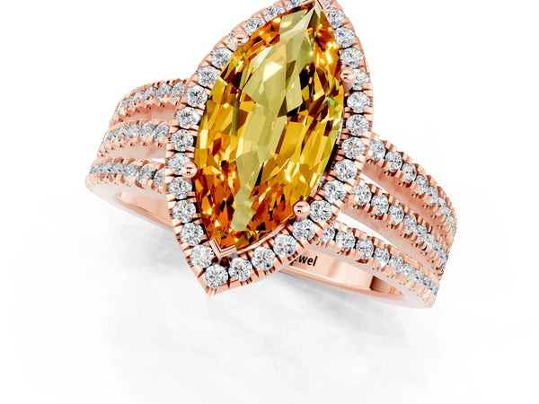 Rose gold Marquise Cut Citrine Halo Engagement Ring with Split Shank and Four-Prong Setting