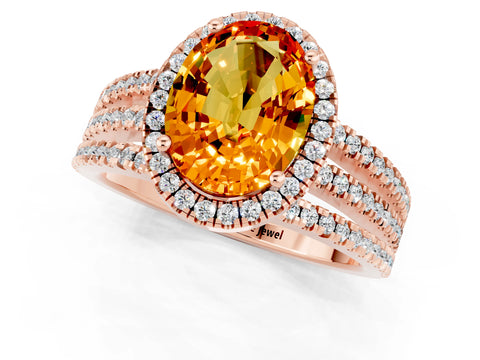 Rose gold {shape_name} Citrine Halo Engagement Ring with Split Shank and Four-Prong Setting_1