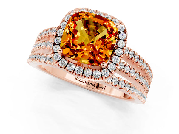 Rose gold Cushion Cut Citrine Halo Engagement Ring with Split Shank and Four-Prong Setting