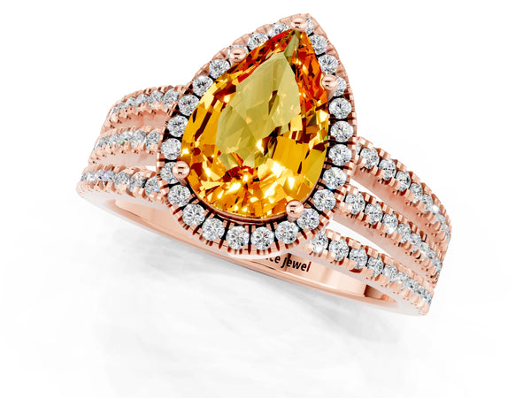 Rose gold Pear Cut Citrine Halo Engagement Ring with Split Shank and Four-Prong Setting
