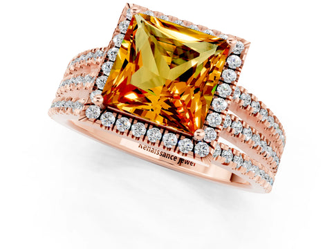 Rose gold {shape_name} Citrine Halo Engagement Ring with Split Shank and Four-Prong Setting_1