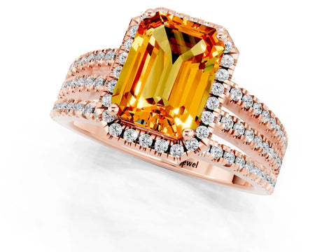 Rose gold {shape_name} Citrine Halo Engagement Ring with Split Shank and Four-Prong Setting_1