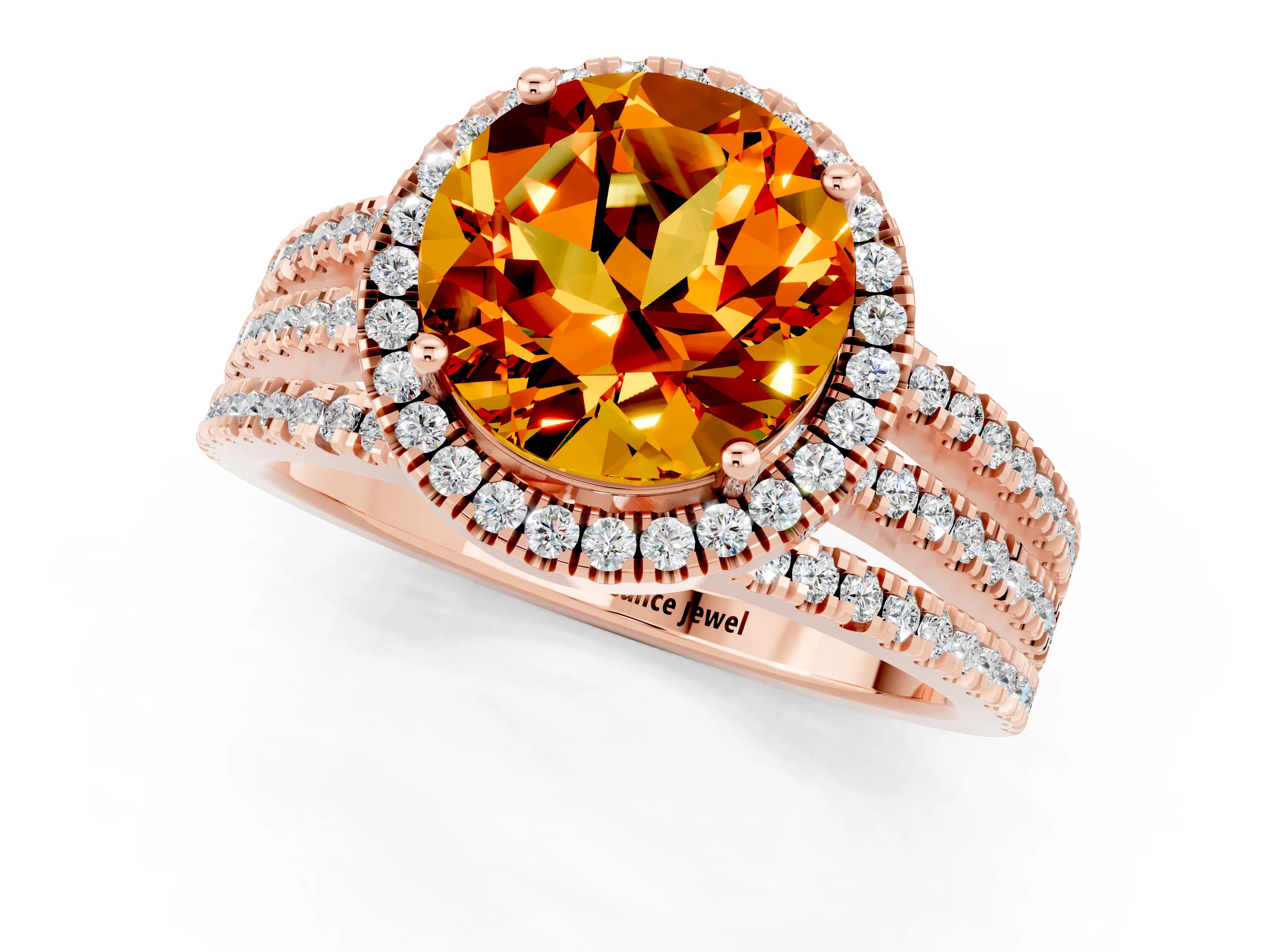 Rose gold {shape_name} Citrine Halo Engagement Ring with Split Shank and Four-Prong Setting_1