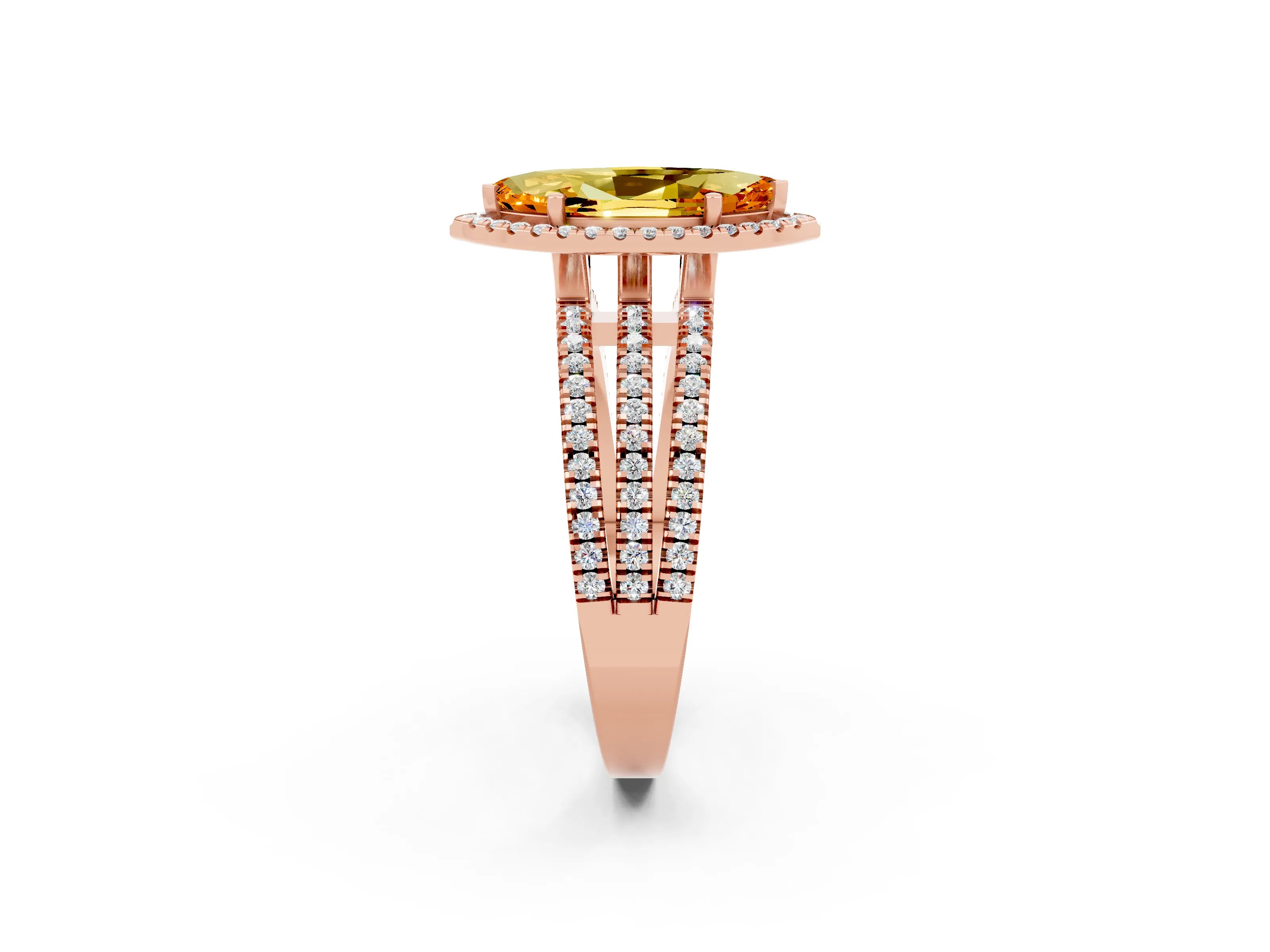 Rose gold {shape_name} Citrine Halo Engagement Ring with Split Shank and Four-Prong Setting_2