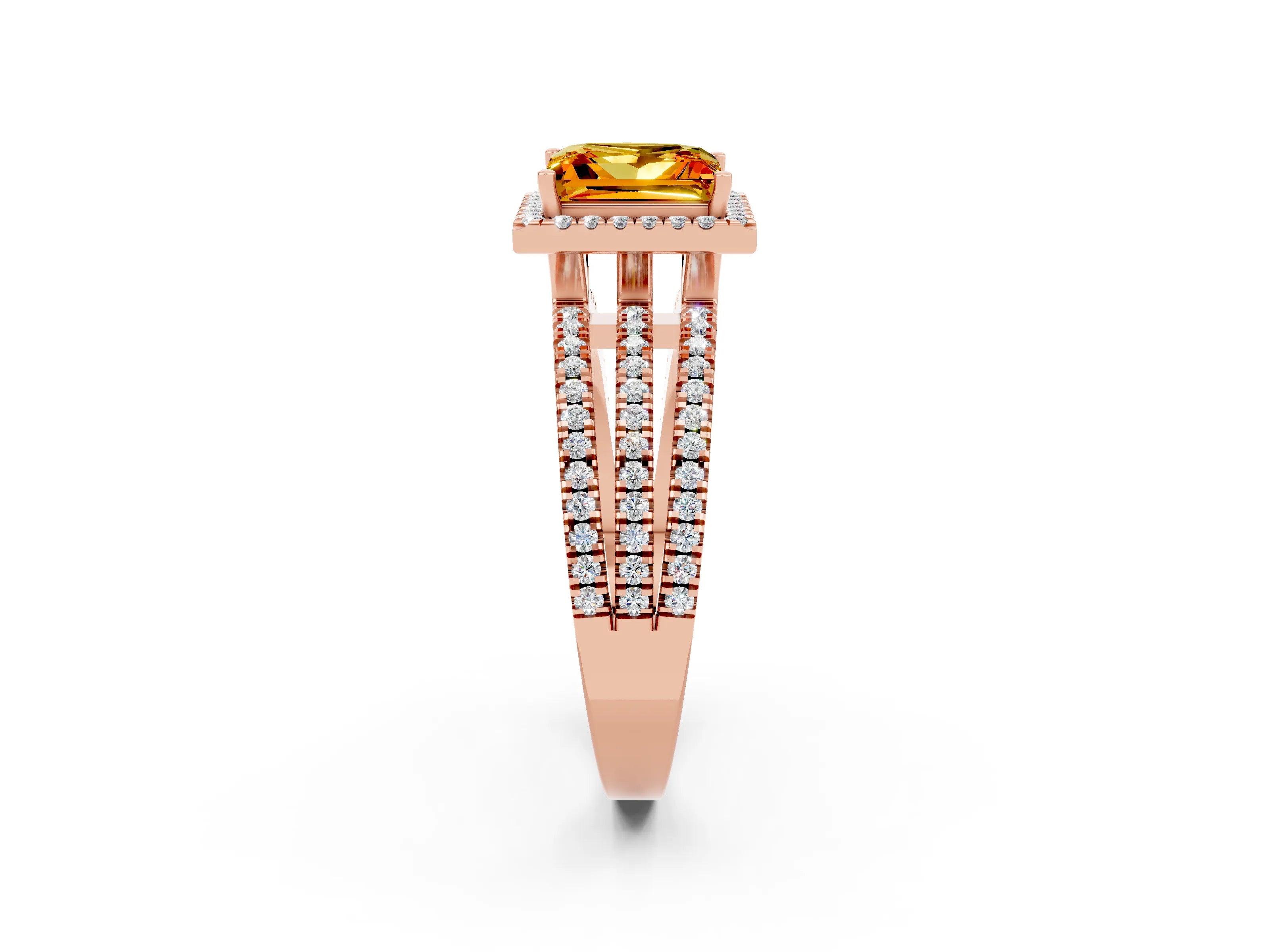 Rose gold {shape_name} Citrine Halo Engagement Ring with Split Shank and Four-Prong Setting_2