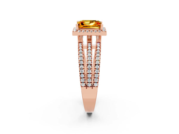 Rose gold Princess Cut Citrine Halo Engagement Ring with Split Shank and Four-Prong Setting